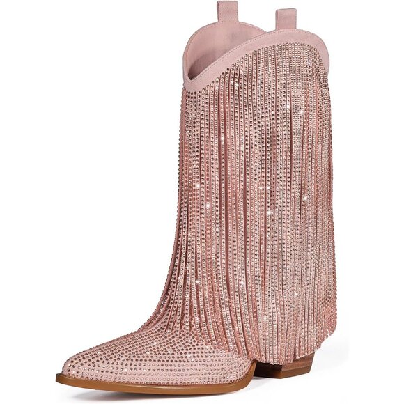Women's Pink Rhinestone Sparkly Fringe Chunky Heel Pointed Toe Ankle Boots - Picture 1 of 7